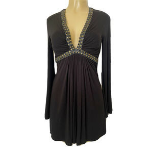 SKY Dress Tunic Black V Neck Empire Waist Mini Long Bell Sleeve Leather …